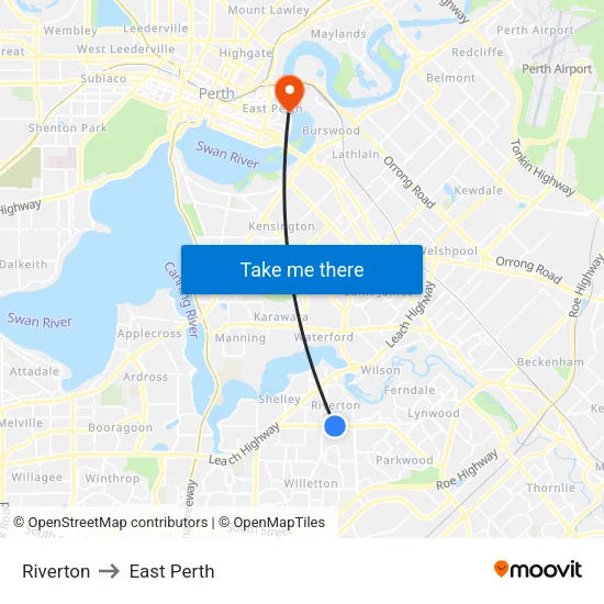 Riverton to East Perth map