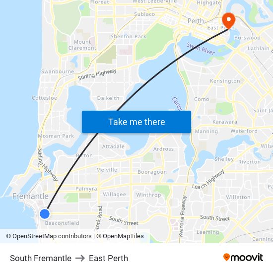 South Fremantle to East Perth map