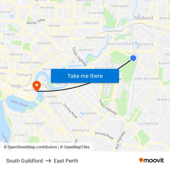 South Guildford to East Perth map