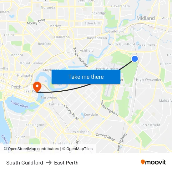South Guildford to East Perth map