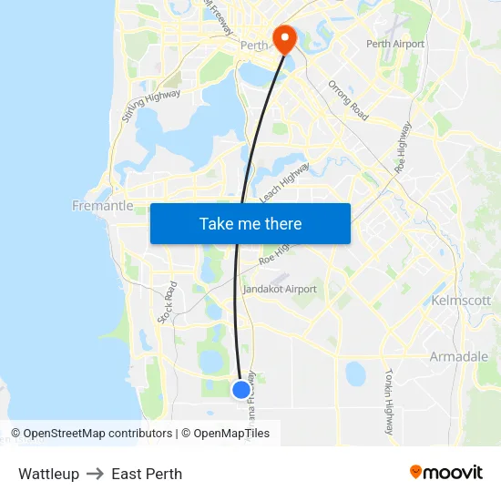 Wattleup to East Perth map