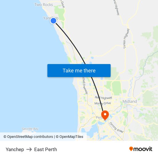 Yanchep to East Perth map
