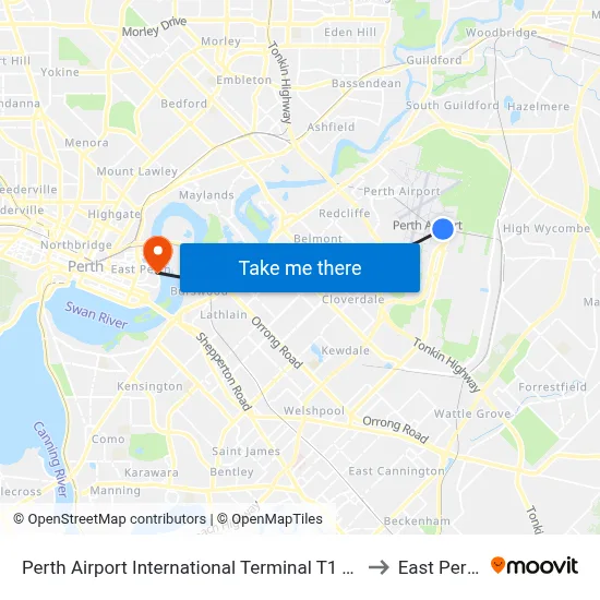 Perth Airport International Terminal T1 T2 to East Perth map
