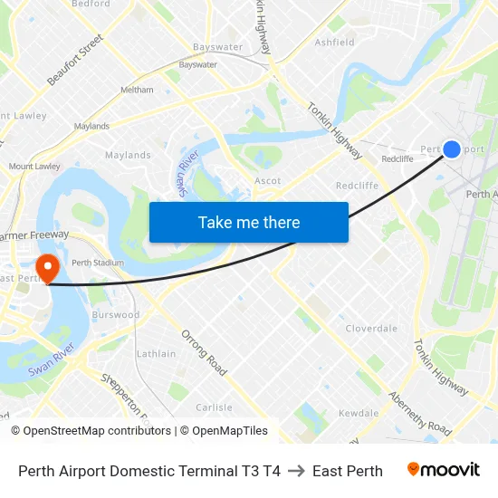 Perth Airport Domestic Terminal T3 T4 to East Perth map