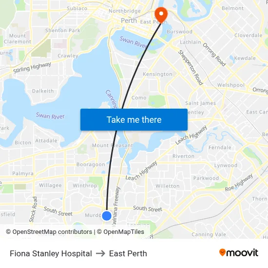 Fiona Stanley Hospital to East Perth map