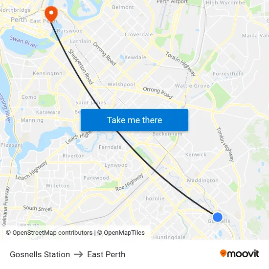 Gosnells Station to East Perth map