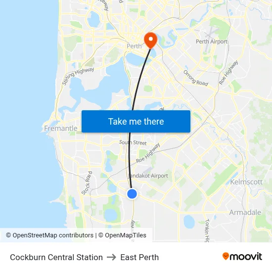 Cockburn Central Station to East Perth map