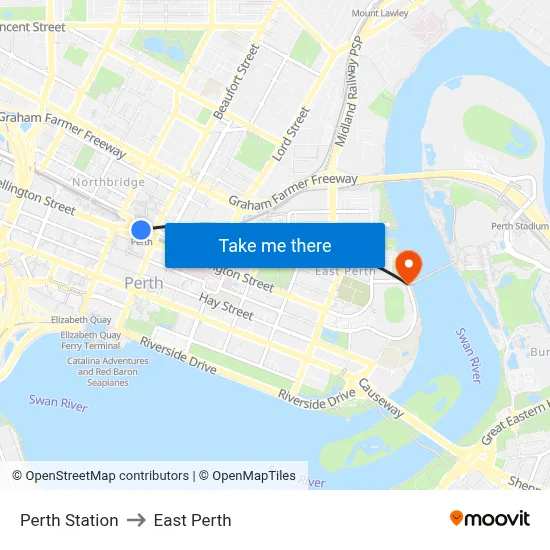 Perth Station to East Perth map