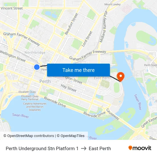 Perth Underground Stn Platform 1 to East Perth map