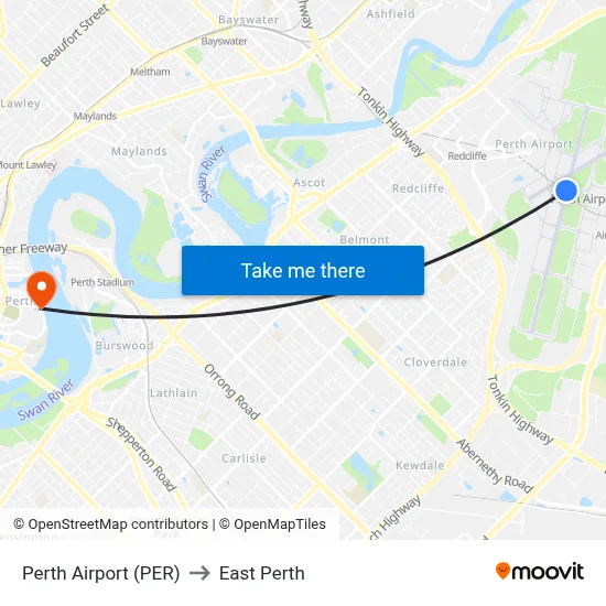 Perth Airport (PER) to East Perth map