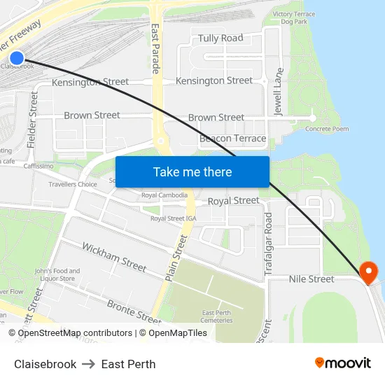 Claisebrook to East Perth map