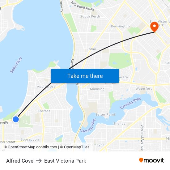 Alfred Cove to East Victoria Park map