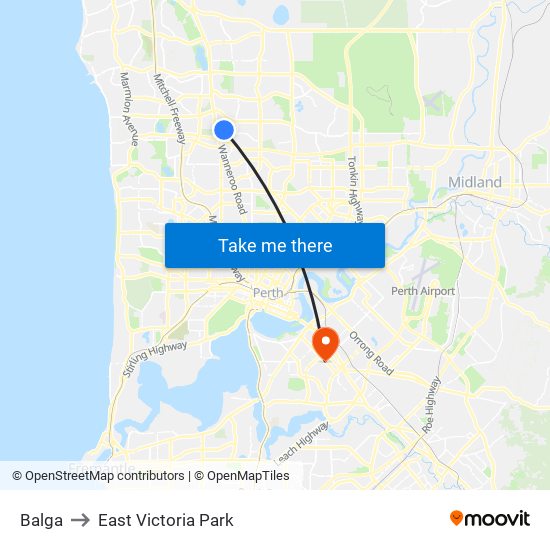Balga to East Victoria Park map