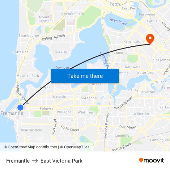 Fremantle to East Victoria Park map
