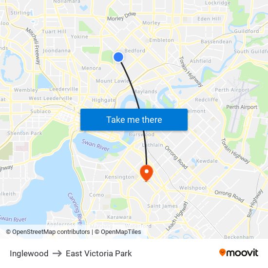 Inglewood to East Victoria Park map