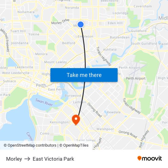 Morley to East Victoria Park map