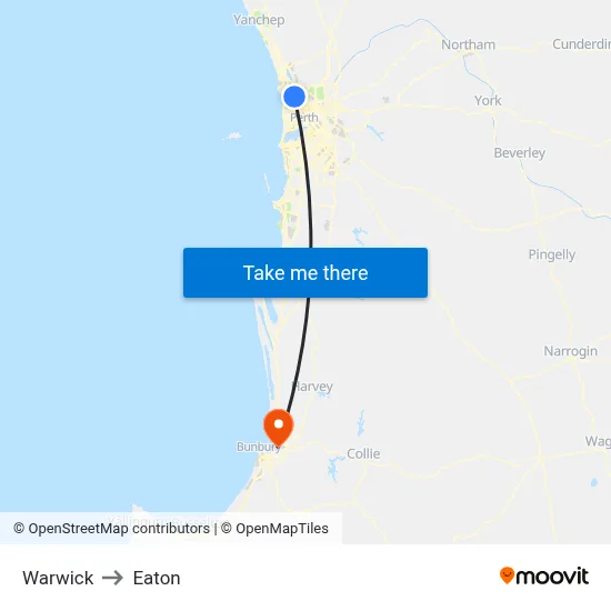 Warwick to Eaton map