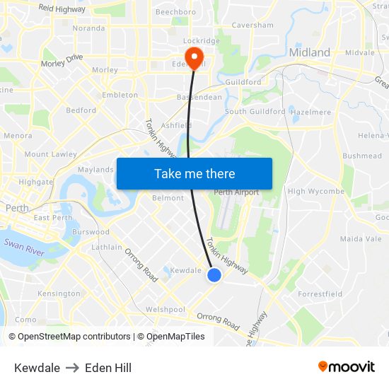 Kewdale to Eden Hill map