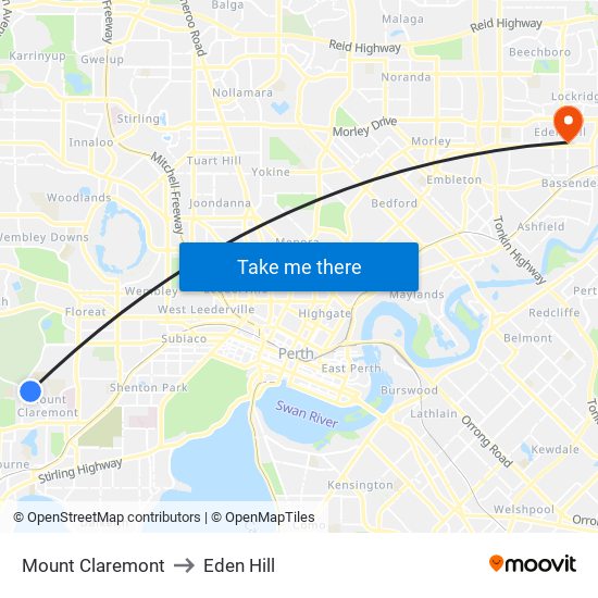 Mount Claremont to Eden Hill map