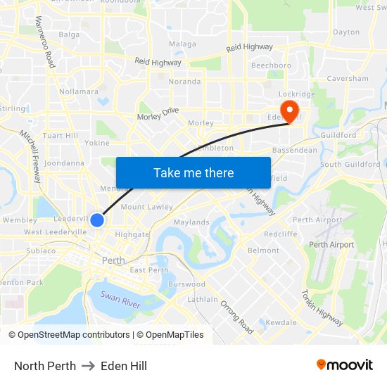North Perth to Eden Hill map