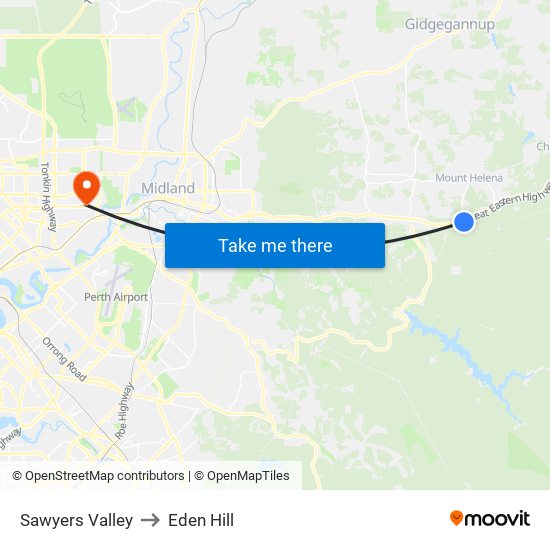 Sawyers Valley to Eden Hill map