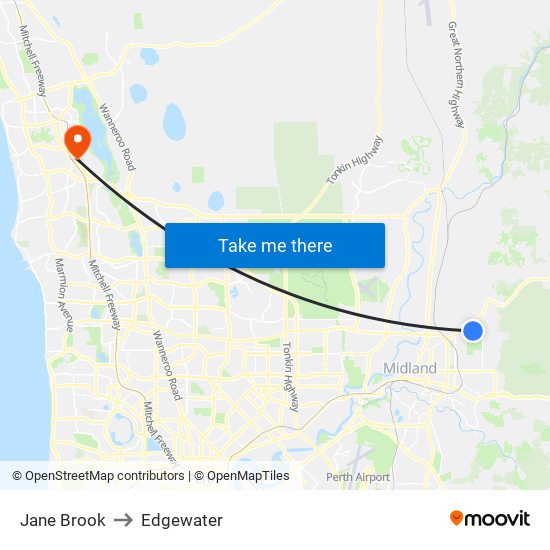 Jane Brook to Edgewater map