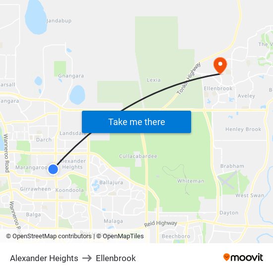 Alexander Heights to Ellenbrook map