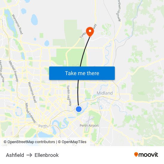 Ashfield to Ellenbrook map