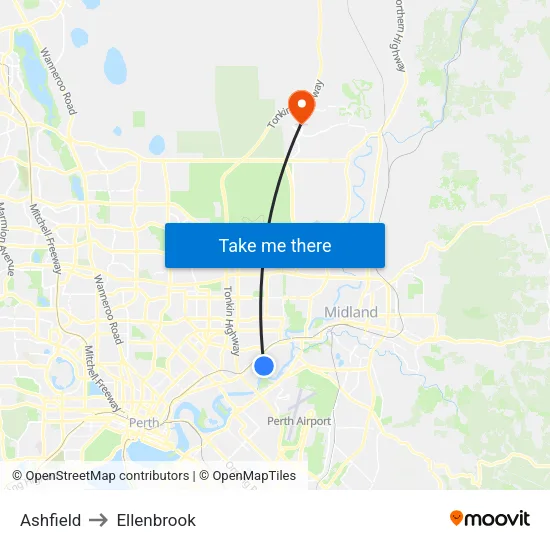 Ashfield to Ellenbrook map