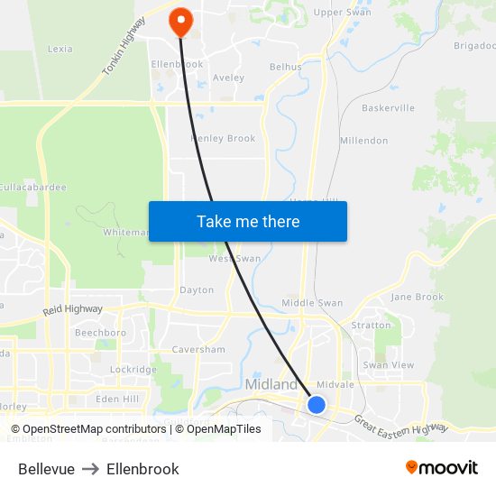 Bellevue to Ellenbrook map