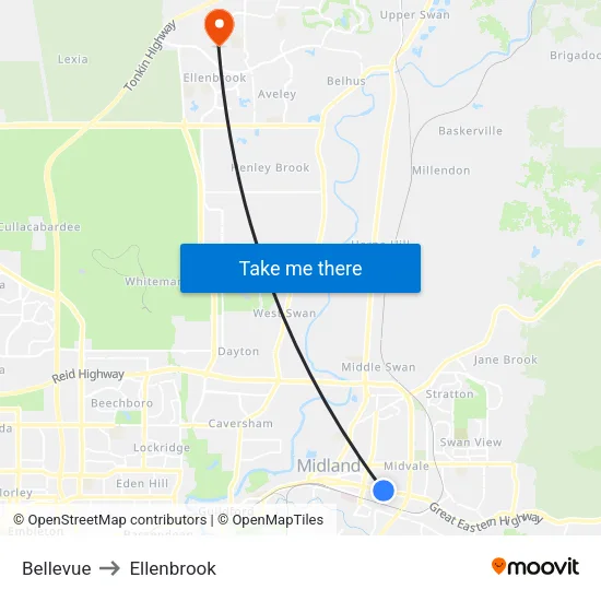 Bellevue to Ellenbrook map