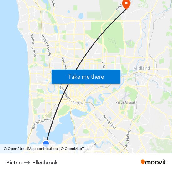 Bicton to Ellenbrook map