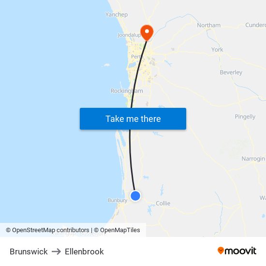 Brunswick to Ellenbrook map