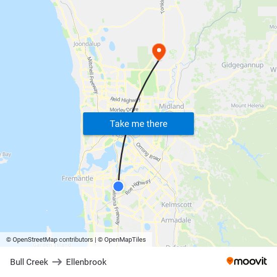 Bull Creek to Ellenbrook map