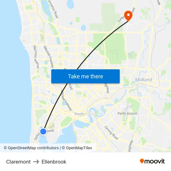 Claremont to Ellenbrook map