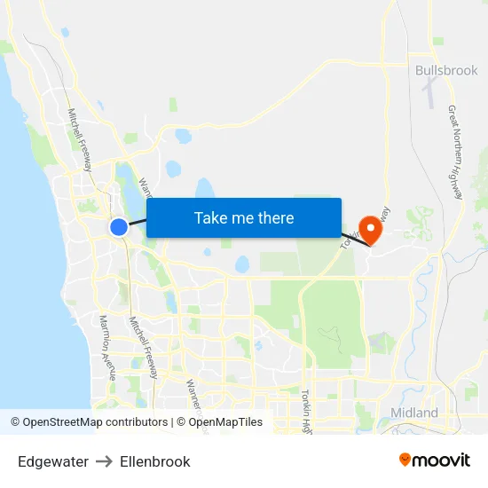 Edgewater to Ellenbrook map
