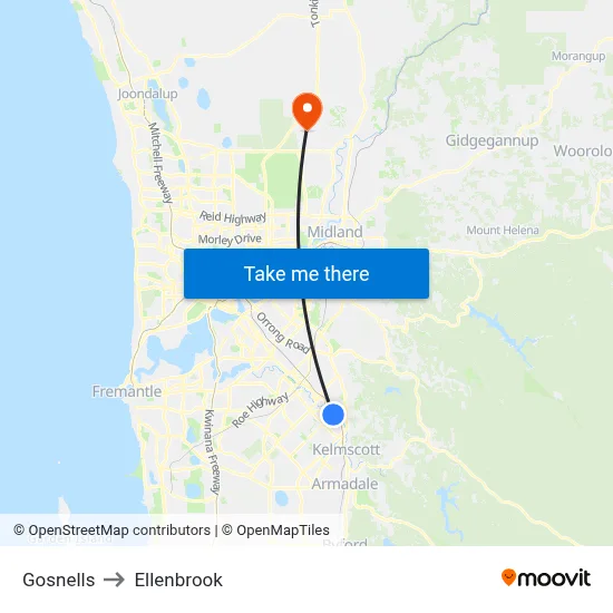 Gosnells to Ellenbrook map