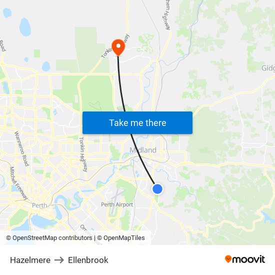 Hazelmere to Ellenbrook map