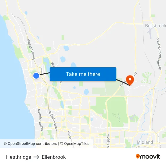 Heathridge to Ellenbrook map