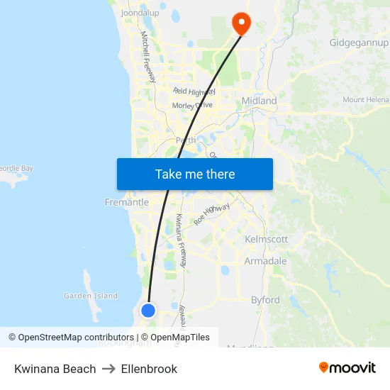 Kwinana Beach to Ellenbrook map