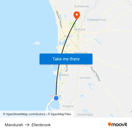Mandurah to Ellenbrook map