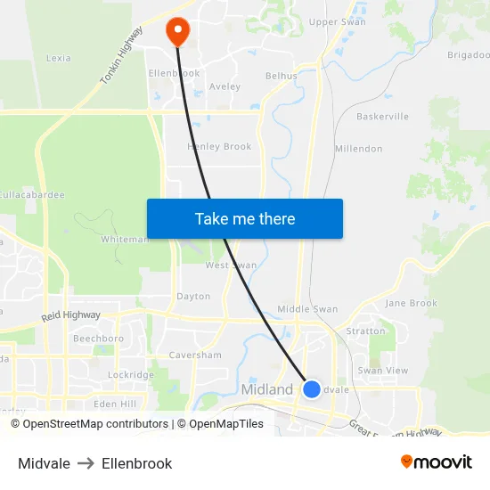 Midvale to Ellenbrook map