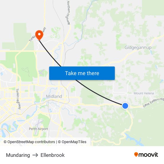 Mundaring to Ellenbrook map