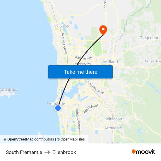 South Fremantle to Ellenbrook map