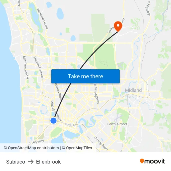 Subiaco to Ellenbrook map