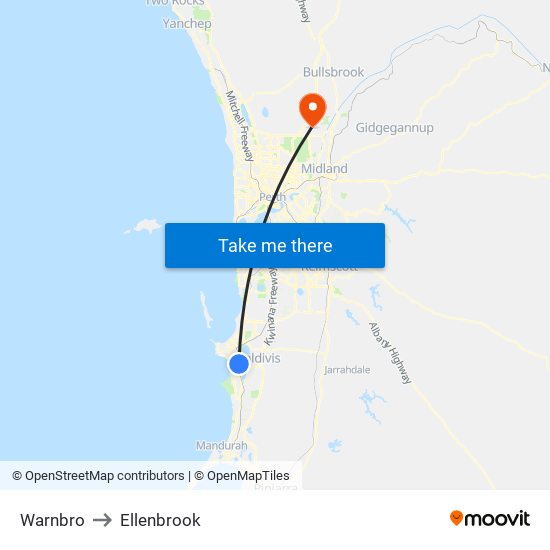 Warnbro to Ellenbrook map