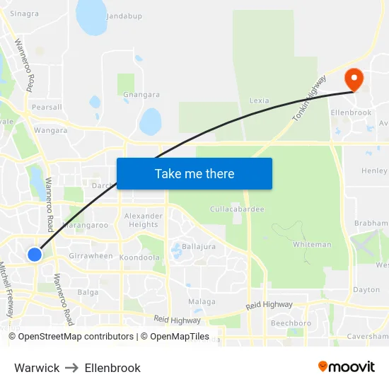 Warwick to Ellenbrook map