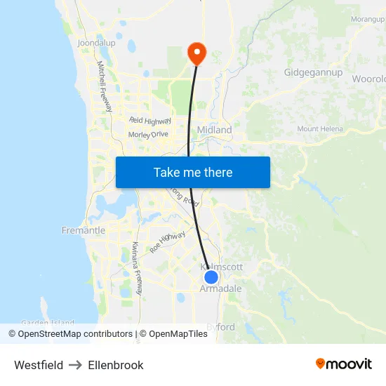 Westfield to Ellenbrook map