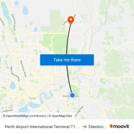 Perth Airport International Terminal T1 T2 to Ellenbrook map