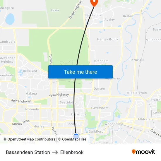 Bassendean Station to Ellenbrook map